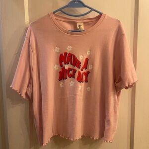 Lucy & Yak | Pink Greta Cropped Tee with Floral Design and Lettuce Hems